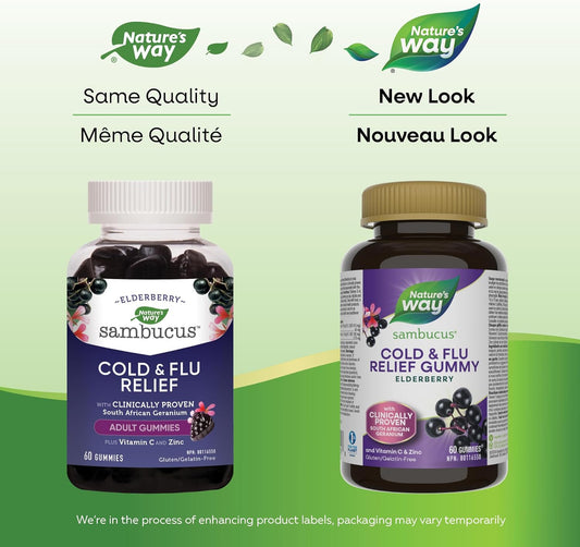 Nature's Way Sambucus Cold and Flu Relief Original Elderberry Gummies – Used in Herbal Medicine to Help Relieve Symptoms (Cough, Runny Nose and Sore Throat) in Adults, 60 Gummies