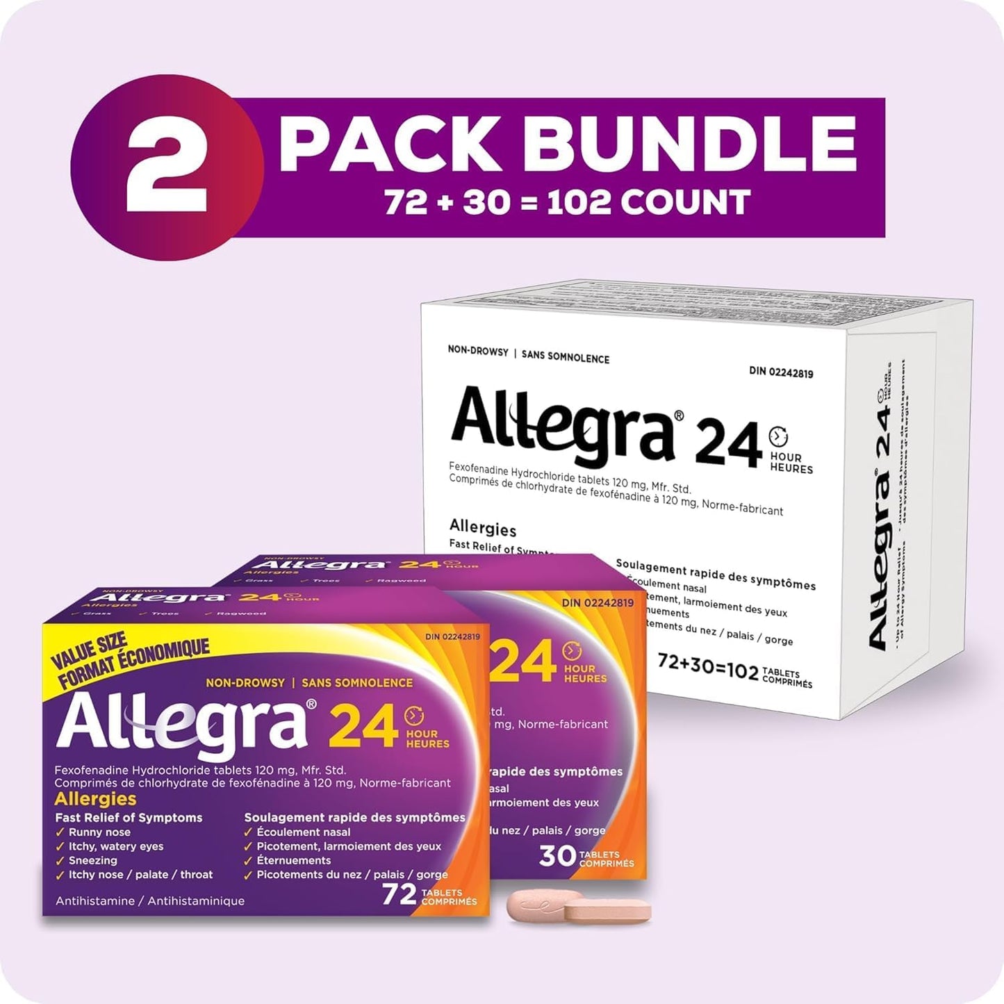 Allegra 24 小时抗过敏药,不引起嗜睡,快速有效的抗过敏药,用于缓解打喷嚏、流泪和喉咙发痒,盐酸非索非那定 120 毫克,102 片