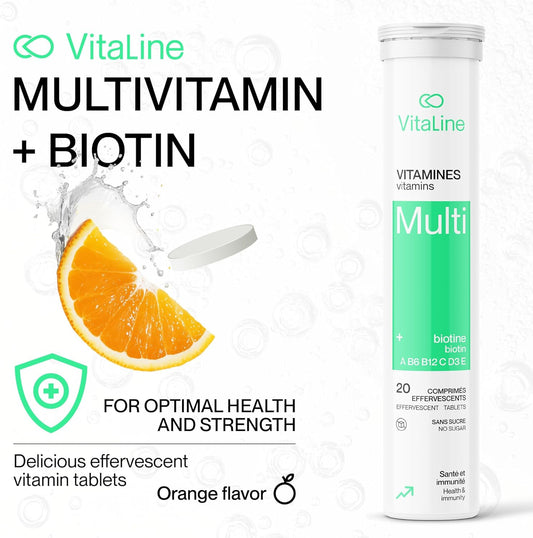 Vitaline 每日多種維生素補充劑,含生物素,適合男性和女性 - 維生素 A、C、E、B1、B2、B5、B6、B12、D3、葉酸和 β-胡蘿蔔素 - 橙子味,20 片泡騰片