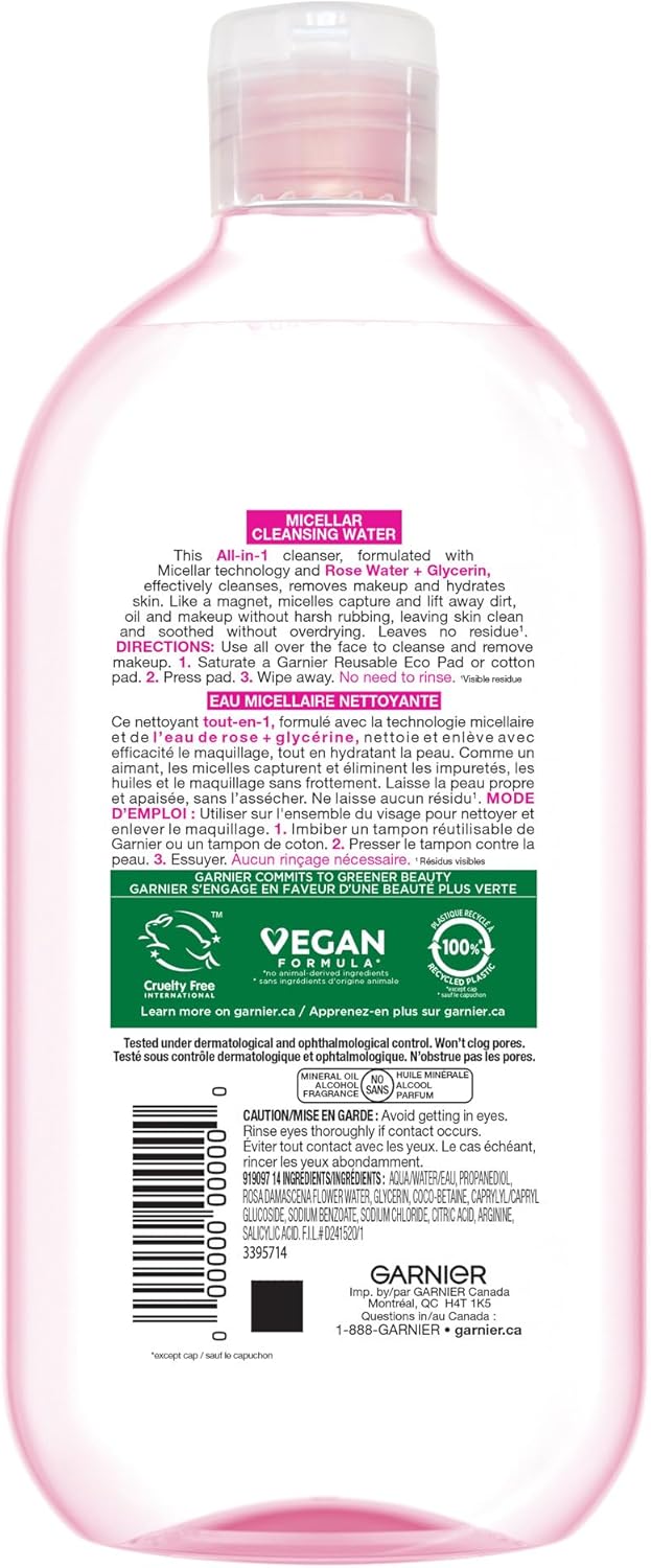 卡尼爾 (Garnier) 膠束卸妝水,多效合一保濕卸妝液,含玫瑰水和甘油的潔面乳,低致敏性,適合乾性肌膚,700ml