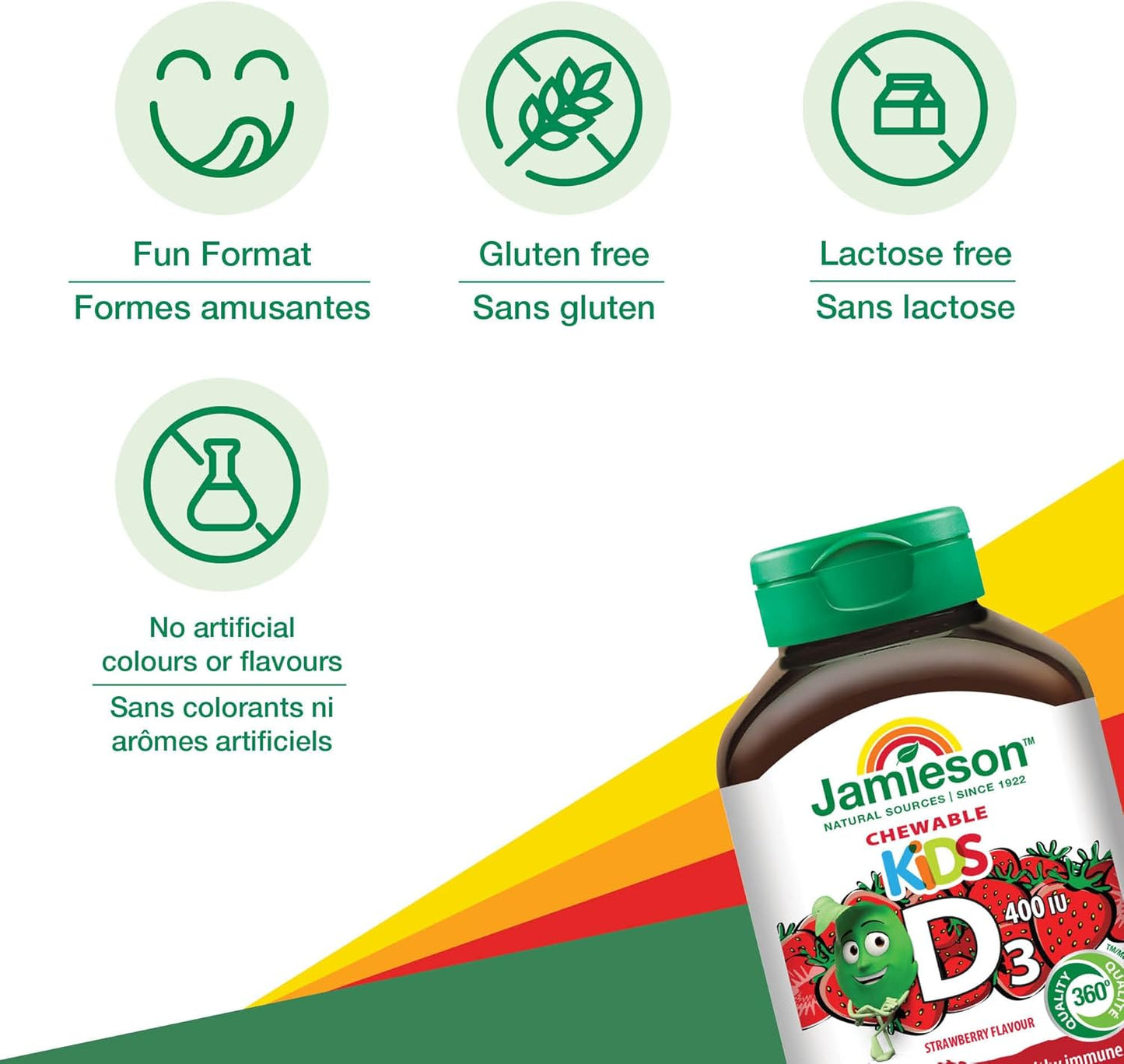 Jamieson 儿童咀嚼片维生素 D3 400 国际单位,草莓味,支持骨骼和牙齿健康发育,增强免疫力。素食,无麸质,不含人工色素、香精或防腐剂,100 粒装