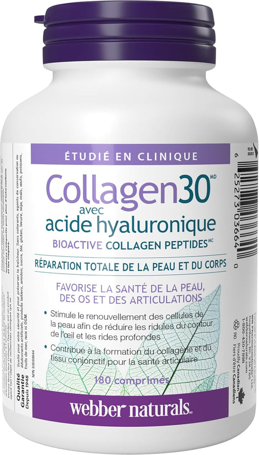 Webber Naturals Collagen30 含透明質酸、生物活性膠原蛋白勝肽,180 片,有助於減輕關節疼痛、眼部皺紋和臉部細紋
