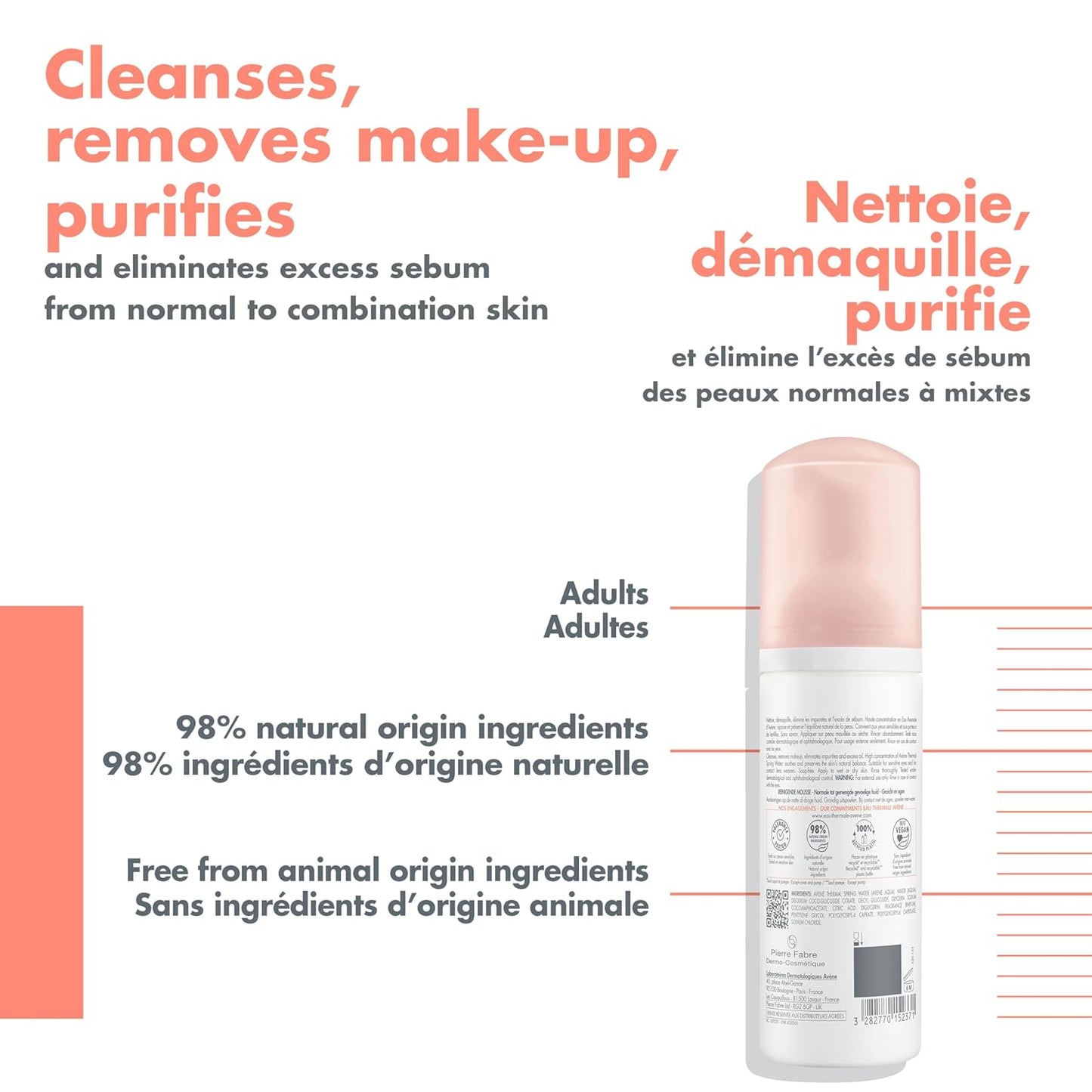Eau Thermale Avène Cleansing Foam, Makeup removal, Cleanser, Sensitive skin, Vegan - 150ml