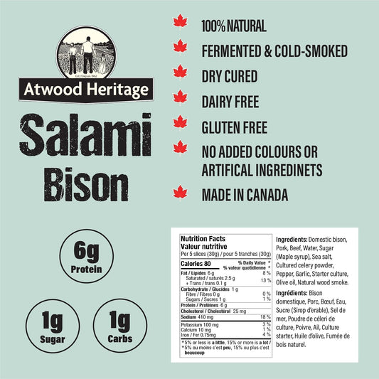 Atwood Heritage Bison, Pork & Beef Sliced Salami, 125g, High-Protein, Gluten-Free, Nitrate-Free, Made in Canada