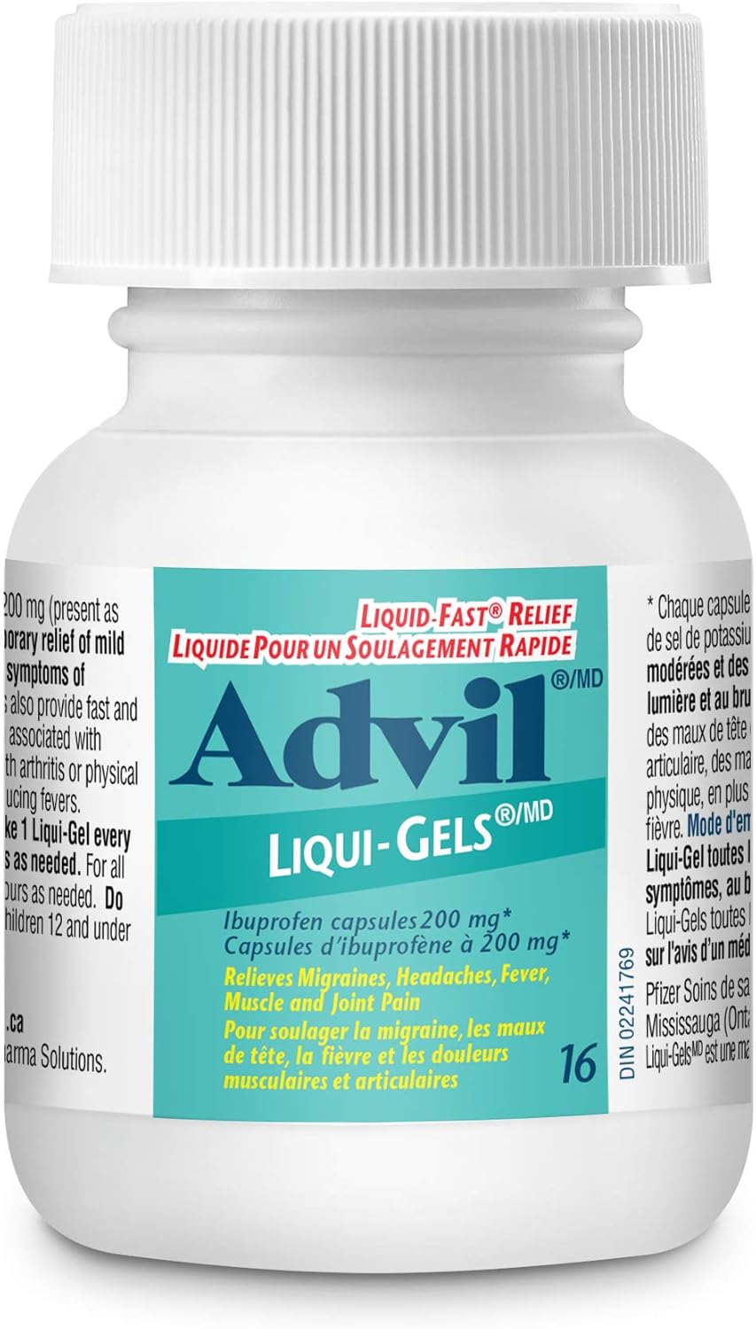 Advil Regular Strength Ibuprofen Pain Relief Liquid-Gels, Fast Acting Pain Relief for Migraine, Back, Neck, Joint, and Muscle Relief, 200mg (16 Count)