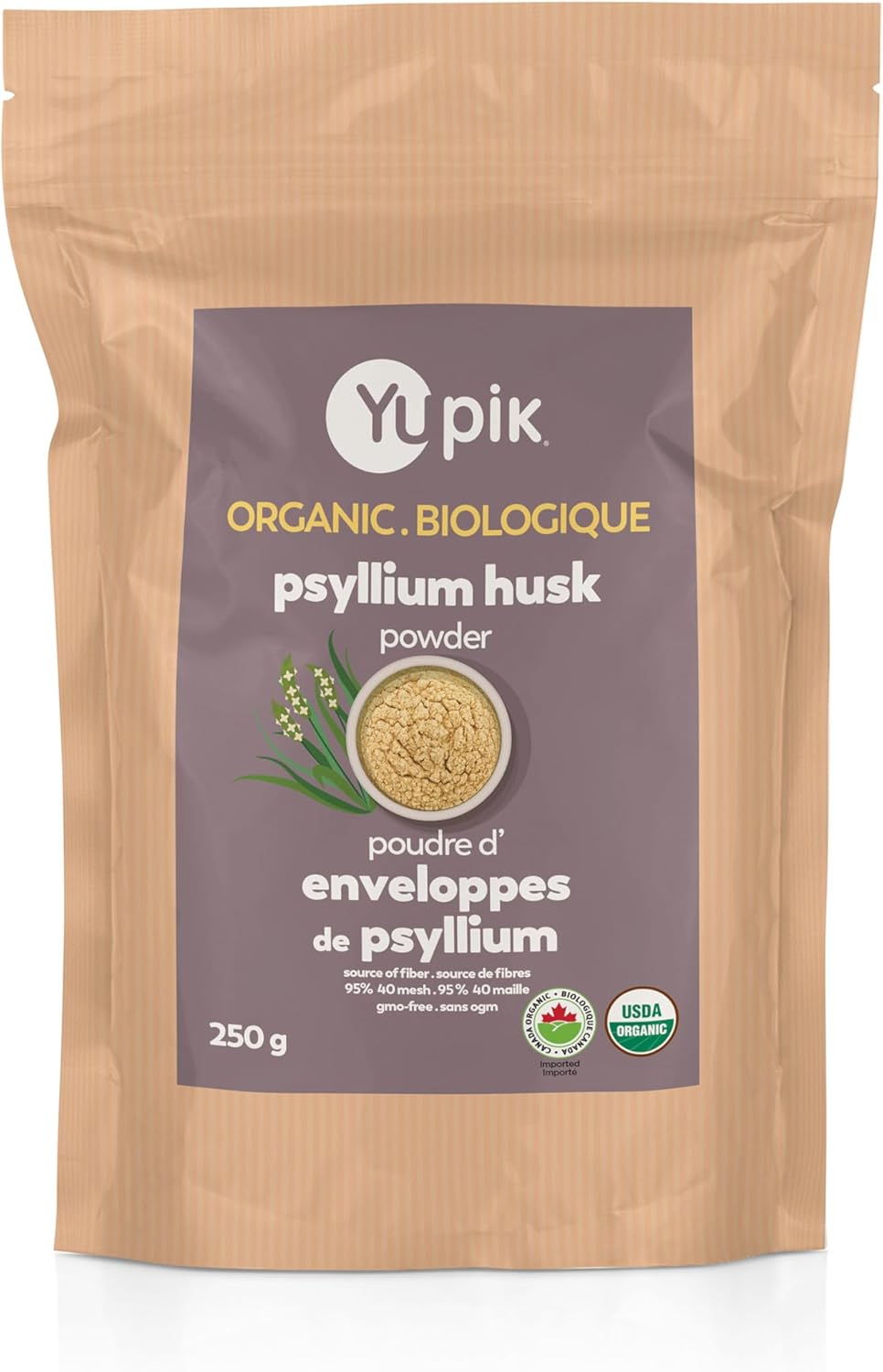Yupik 有機洋車前子殼粉 250 克,純度 95%,膳食纖維來源,經美國農業部認證,非轉基因,純素,無麩質,無味,植物基,粗磨洋車前子殼,烘焙和消化健康的理想選擇