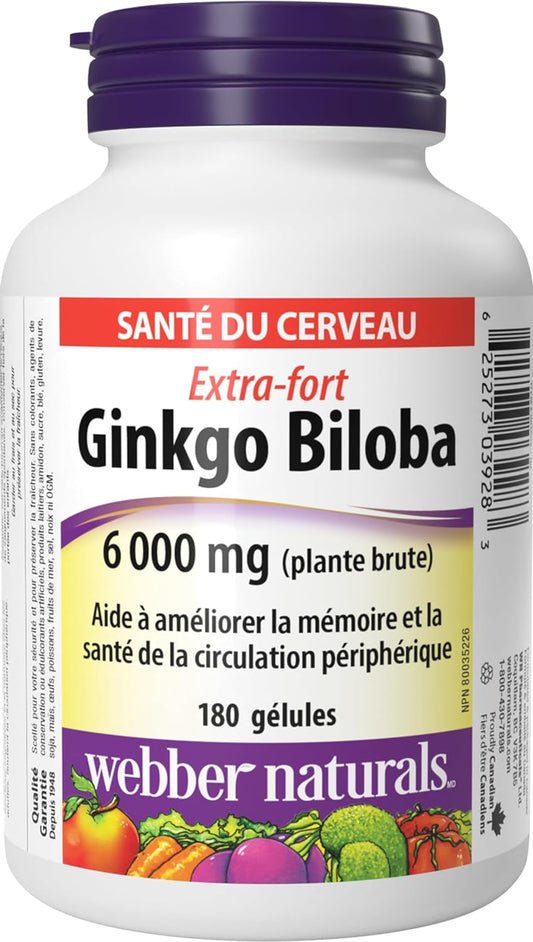Webber Naturals Ginkgo Biloba 6000 mg, 180 Softgels, Helps Enhance Cognitive Function and Memory