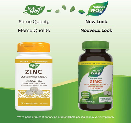 Nature’s Way Zinc with Echinacea & Vitamin C - Immune Support Supplement with Zinc, Echinacea, and Vitamin C – Natural Wild Berry Flavour - 120 Lozenges, Value Size