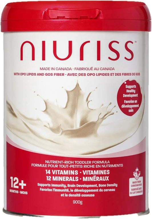 NIURISS 幼兒配方奶粉 - 蘊含 27 種微量營養素、OPO 脂質和 GOS 膳食纖維。加拿大製造,採用加拿大牛奶,經猶太潔食和清真認證 - 12-36 個月適用。 900 克