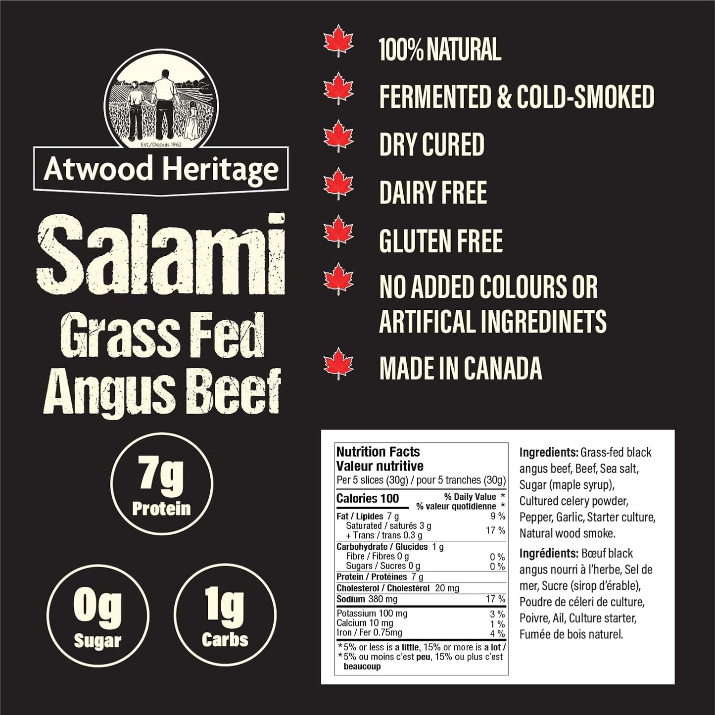 Atwood Heritage 草飼安格斯牛肉切片薩拉米香腸,125克,高蛋白,無麩質,無硝酸鹽,加拿大製造