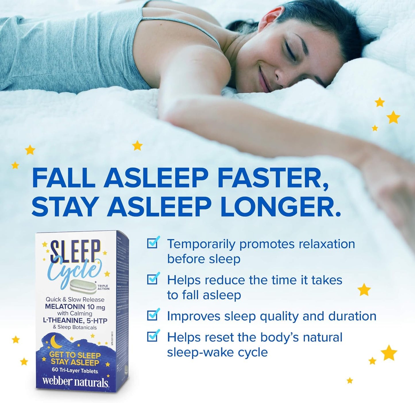 Webber Naturals 睡眠周期褪黑激素,含 L-茶氨酸、5-HTP 和睡眠植物成分,60 片三层片剂,有助于睡眠,纯素