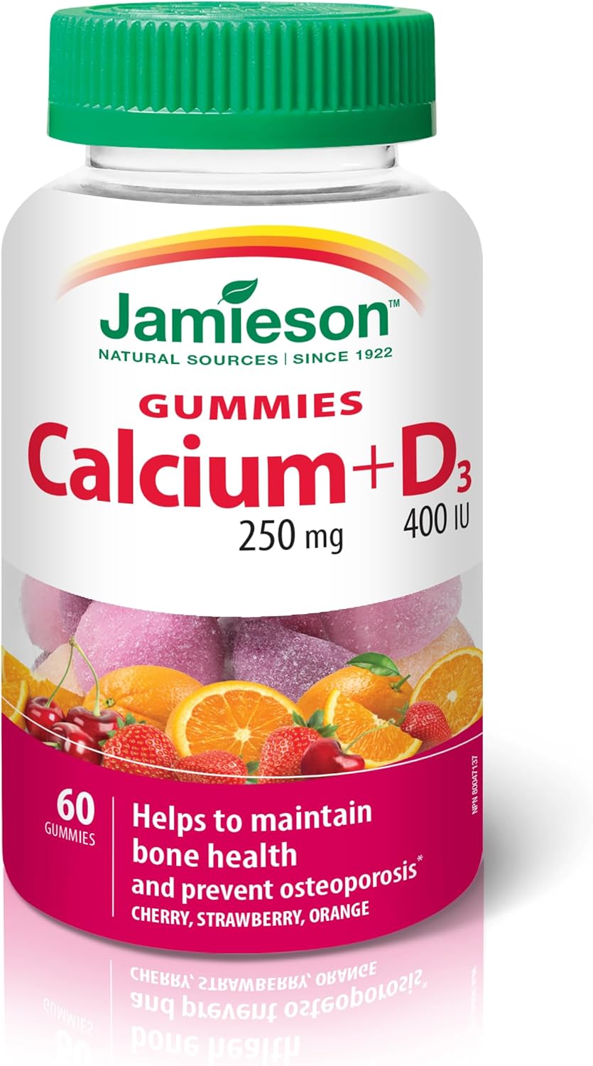 Jamieson Calcium 250 mg with Vitamin D3 400 IU Gummies, Cherry, Strawberry, and Orange Flavours, Helps Prevent Osteoporosis, Supports Strong Bones and Teeth. Non-GMO, Gluten-Free, No Artificial Colours, Flavours, or Pres…