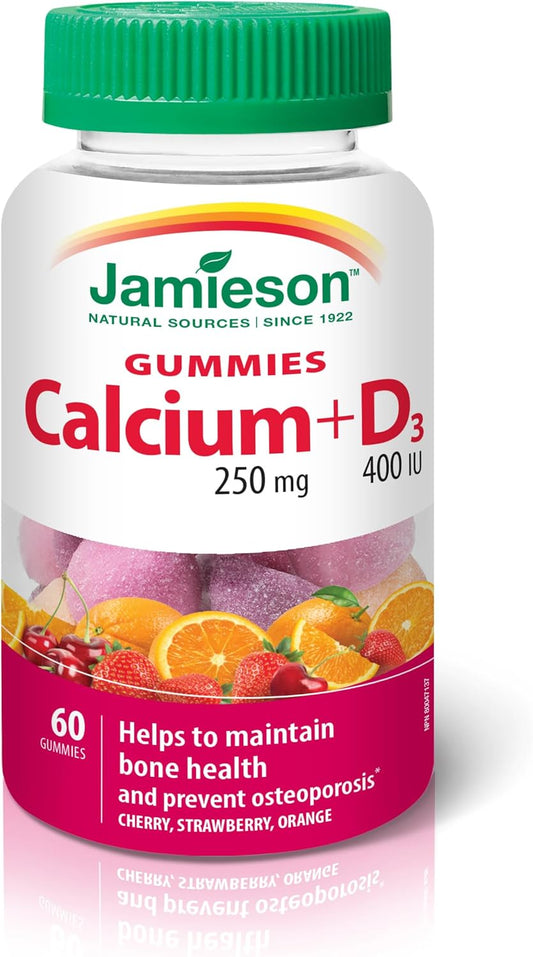 Jamieson Calcium 250 mg with Vitamin D3 400 IU Gummies, Cherry, Strawberry, and Orange Flavours, Helps Prevent Osteoporosis, Supports Strong Bones and Teeth. Non-GMO, Gluten-Free, No Artificial Colours, Flavours, or Pres…