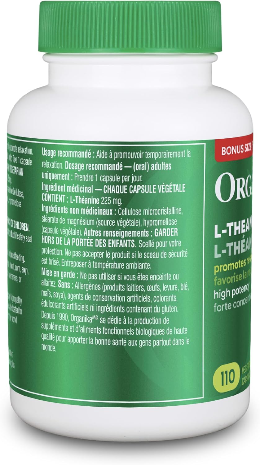 Organika 加拿大製造 L-茶氨酸,加量裝 225 毫克 - 促進放鬆,不瞌睡,緩解壓力,純天然來源,快速起效 - 110 粒膠囊