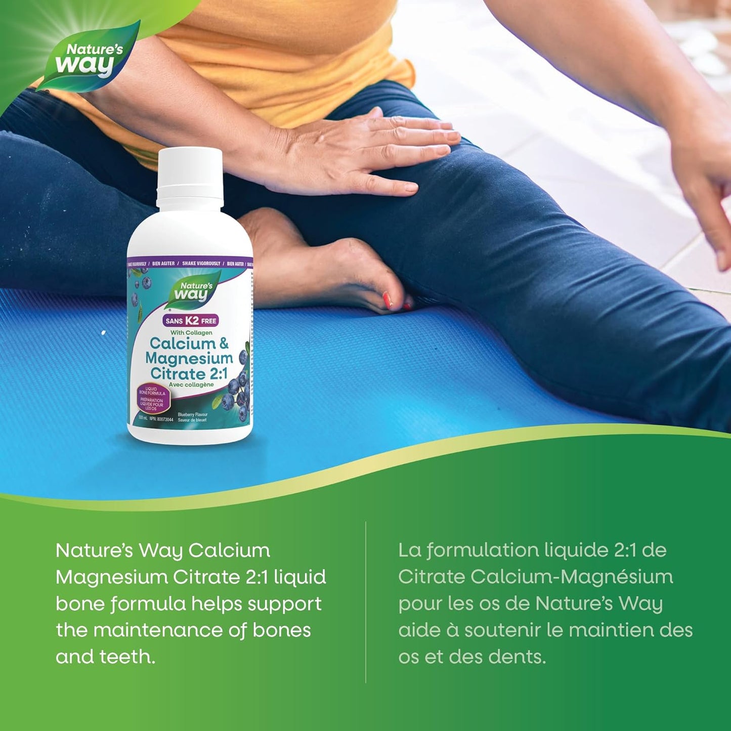 Nature's Way 檸檬酸鈣鎂 2:1 液體補充劑,含維生素 D3 和膠原蛋白,有助於維持骨骼和牙齒健康,不含維生素 K2,藍莓味,500 毫升