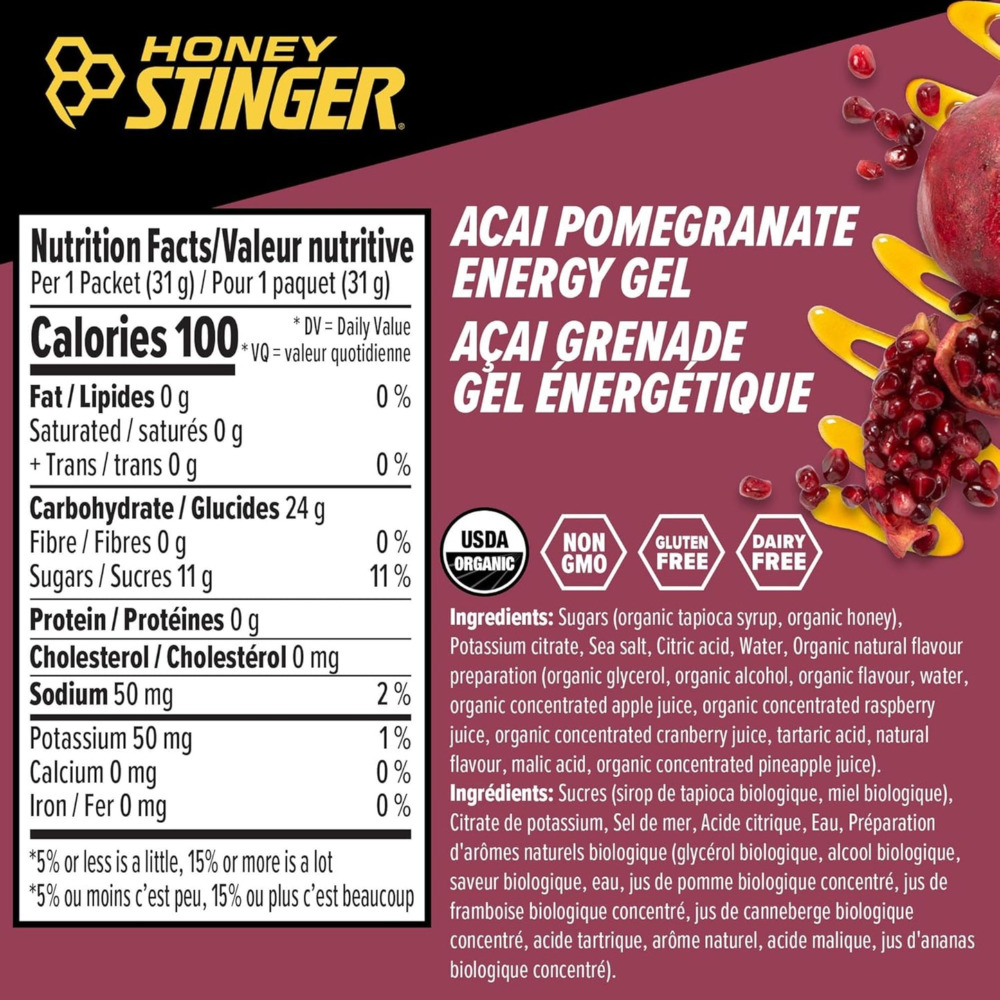 Honey Stinger Organic Acai Pomegranate Energy Gel | Gluten Free & Caffeine Free | For Exercise, Running and Performance | Sports Nutrition for Home & Gym, Pre and Mid Workout | 24 Pack, 31g