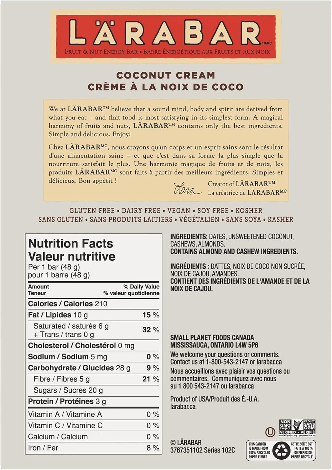 Larabar Gluten Free Cashew Fruit and Nut Energy Bar, 16-Count, 768 Gram & Gluten Free Coconut Cream Fruit and Nut Energy Bar, 16-Count, 768 Gram