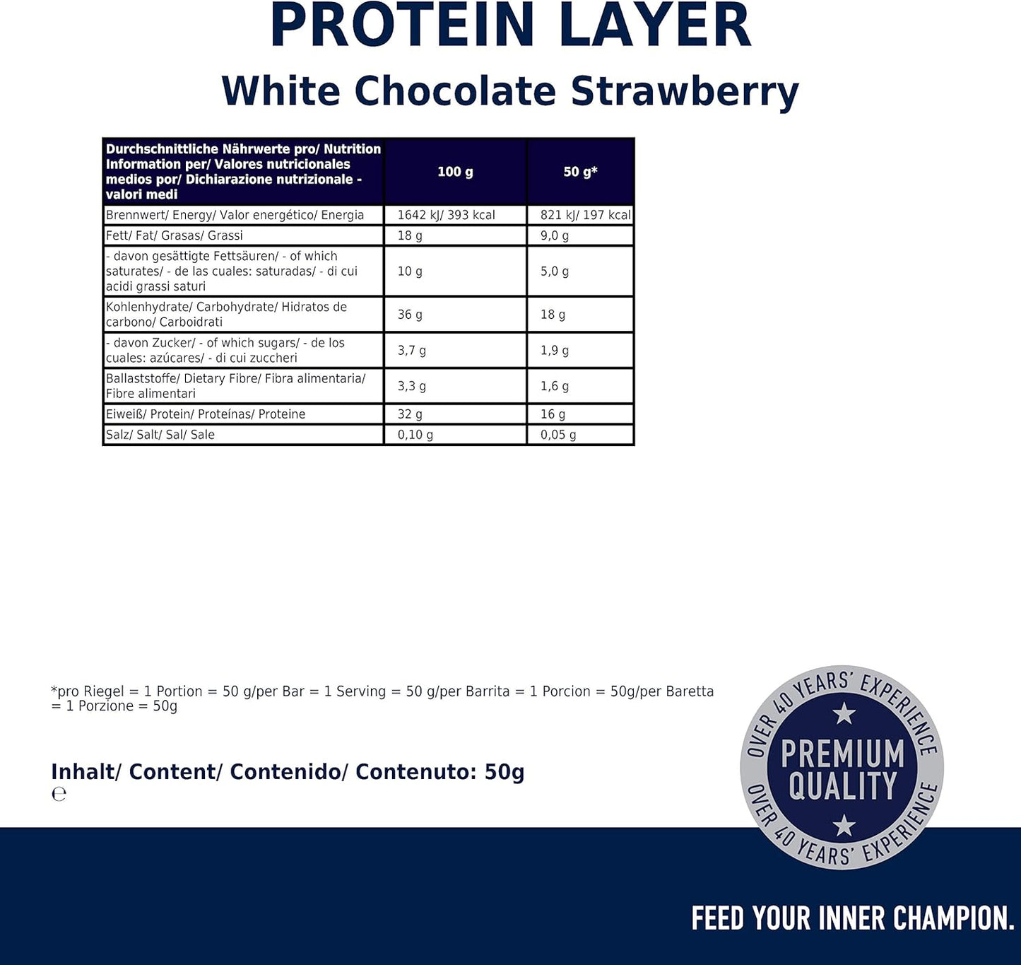 Multipower Protein Layer Bar - White Chocolate Strawberry Flavor - High-Protein Multi-Layer Snack - 50g Bars (18 Pack)