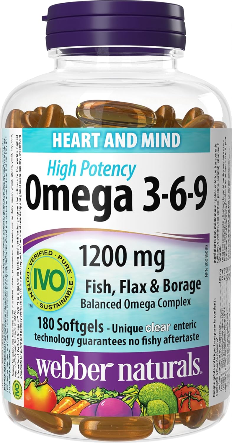 Webber Naturals Omega 3-6-9 1,200 毫克魚油,180 粒透明腸溶無魚腥味軟膠囊,支持心血管健康和大腦功能