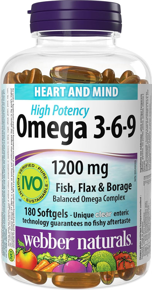 Webber Naturals Omega 3-6-9 1,200 毫克鱼油,180 粒透明肠溶无鱼腥味软胶囊,支持心血管健康和大脑功能