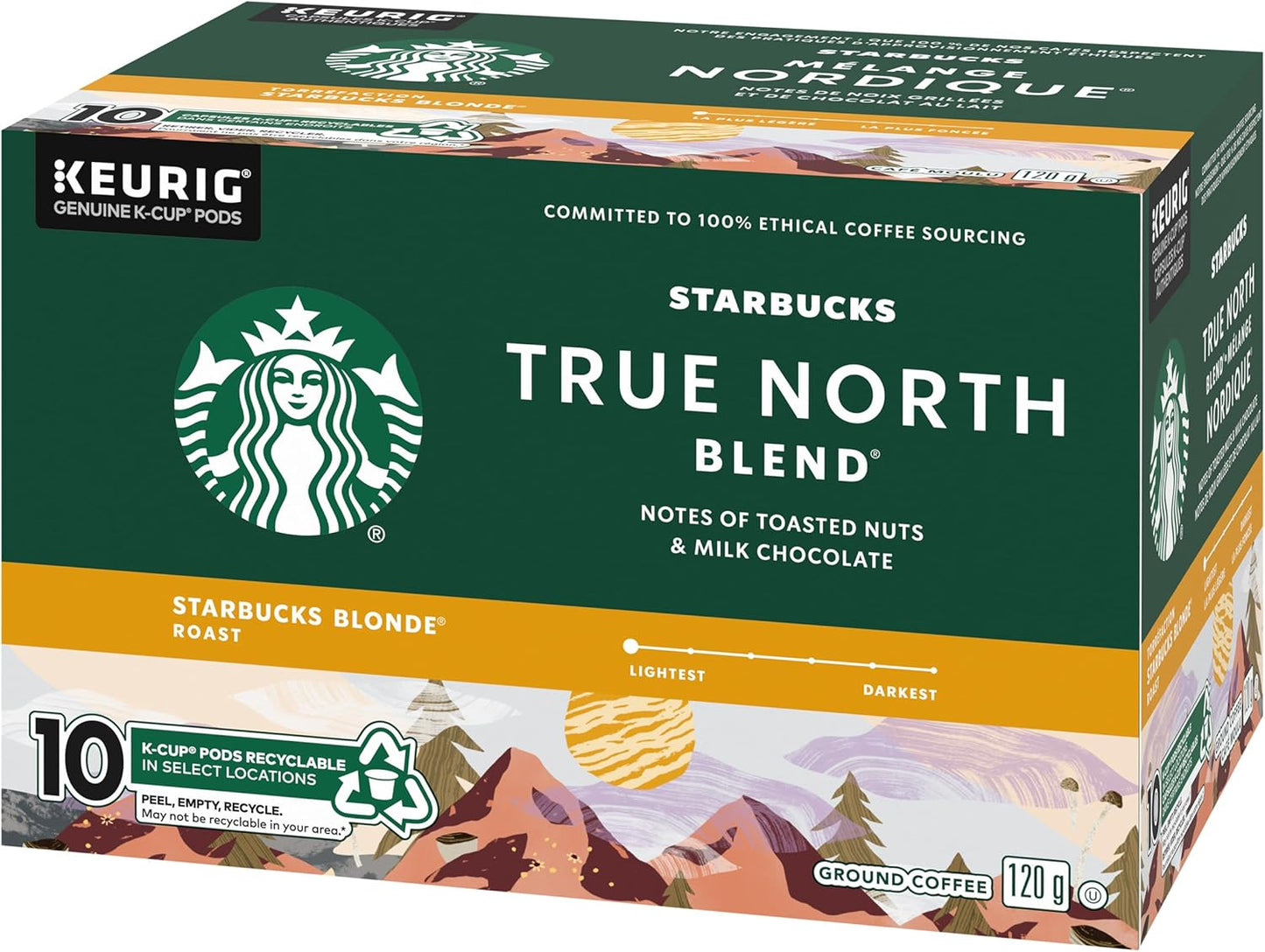 星巴克 True North 金色淺烘焙咖啡,單份 Keurig K-cup 膠囊,6 盒,60 粒膠囊和 TRUE NORTH BLEND 金色烘焙研磨咖啡 K-CUP 膠囊,10 支裝