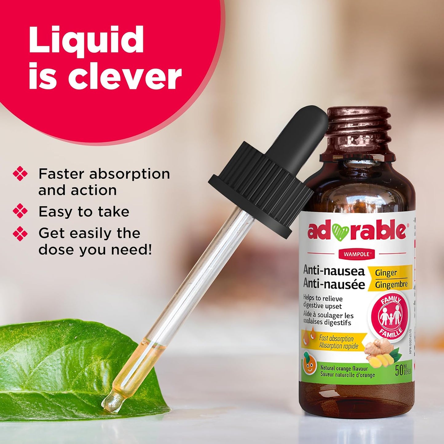 Adorable Anti-Nausea Ginger Liquid – Non-Drowsy Nausea & Upset Stomach Formula – 60 mg of Ginger per dose - 50 mL