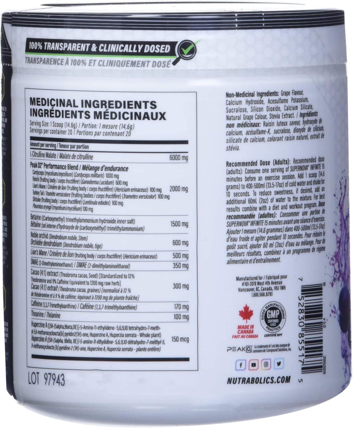 Nutrabolics Supernova Infinite Juicy Grape 运动前补剂 20 包,292 克