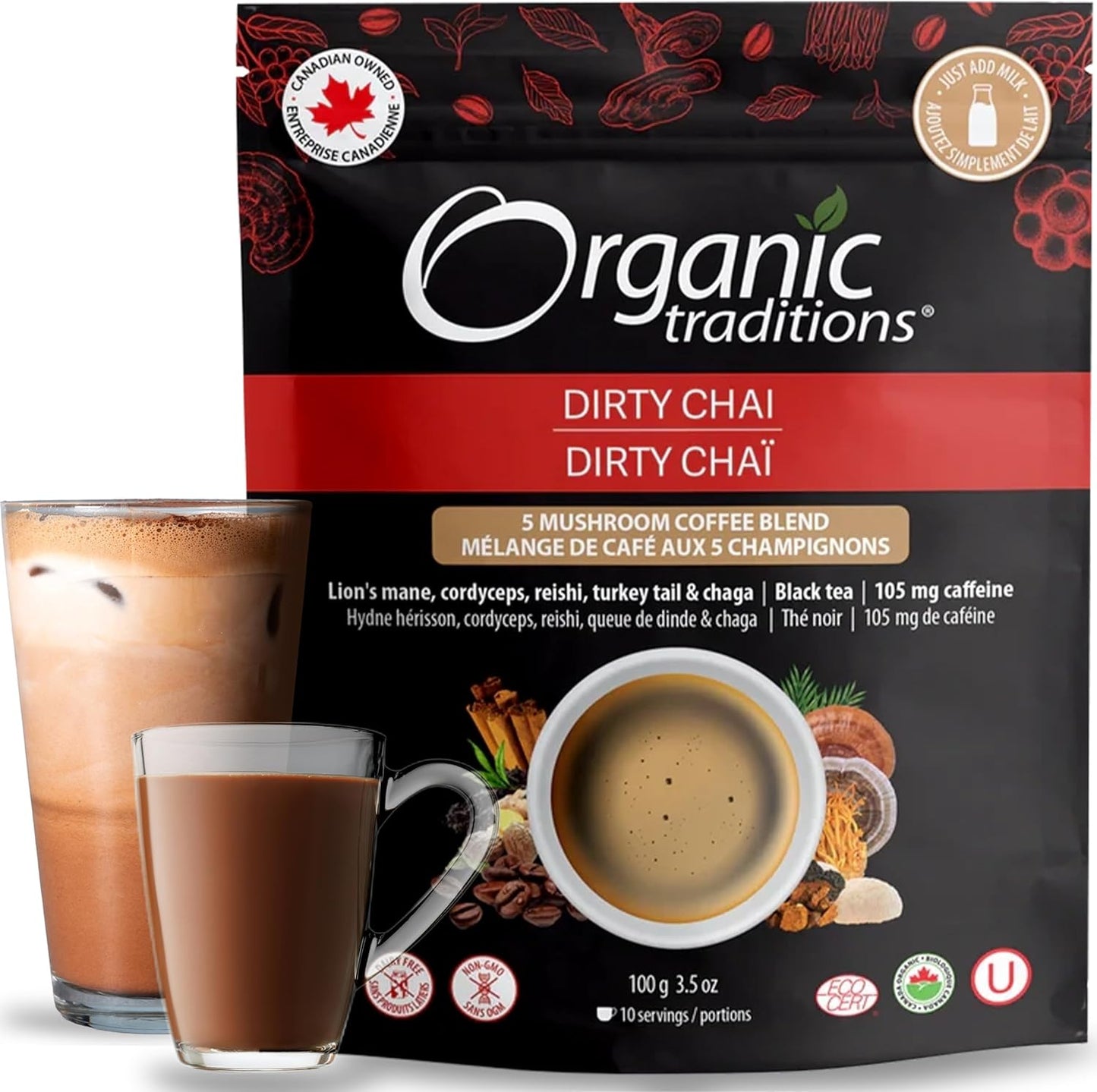 Organic Traditions Dirty Chai 蘑菇咖啡,加拿大制造,速溶 5 种混合蘑菇咖啡有机适应原拿铁,采用白桦茸、冬虫夏草、灵芝、狮鬃菇和火鸡尾制成,100 克/3.5 盎司袋装。