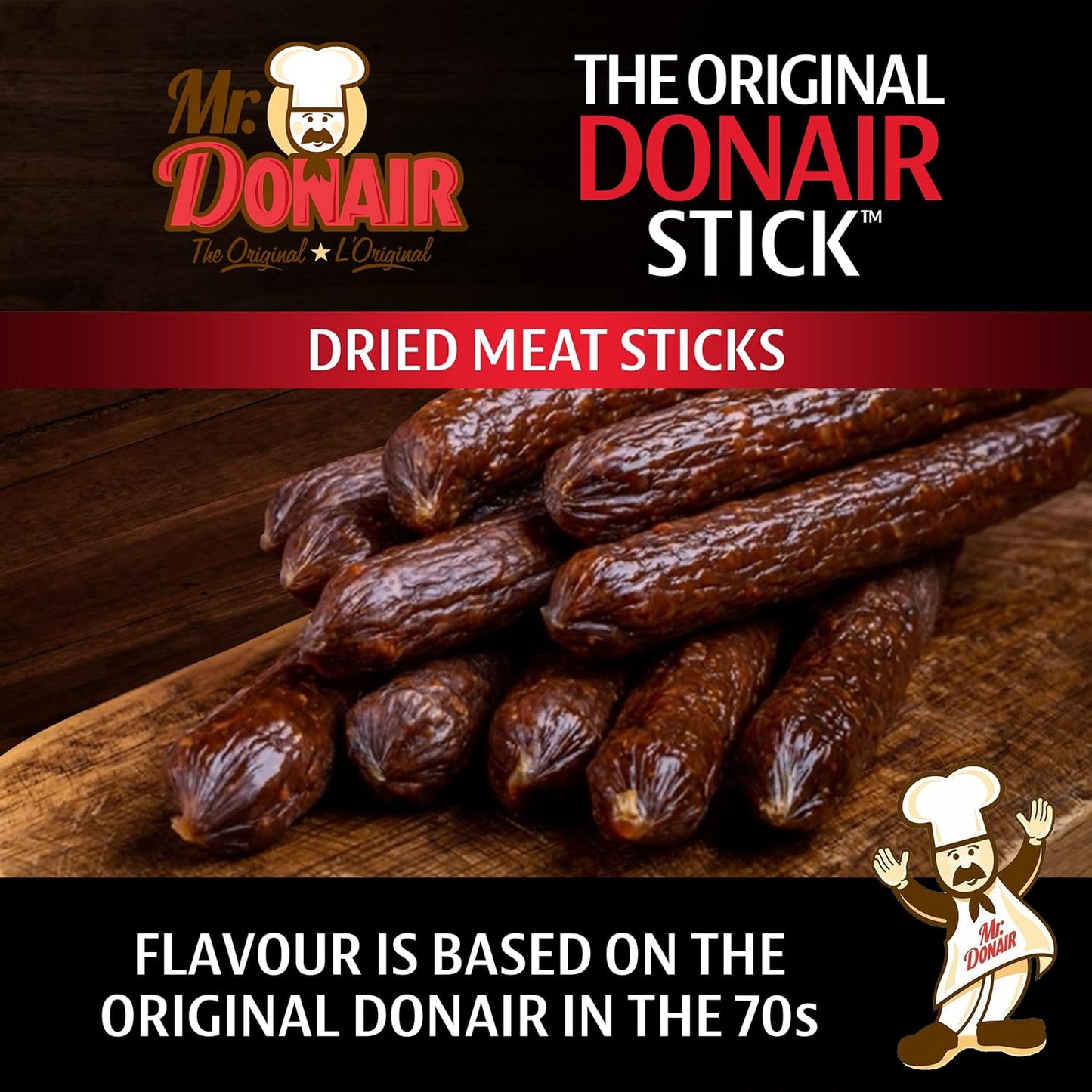 Donair 风味肉干棒 - 采用 100% 加拿大牛肉制成 - 富含蛋白质,非常适合零食 - 每根 70 卡路里(12 x 50 克包装 - 每盒 24 根)