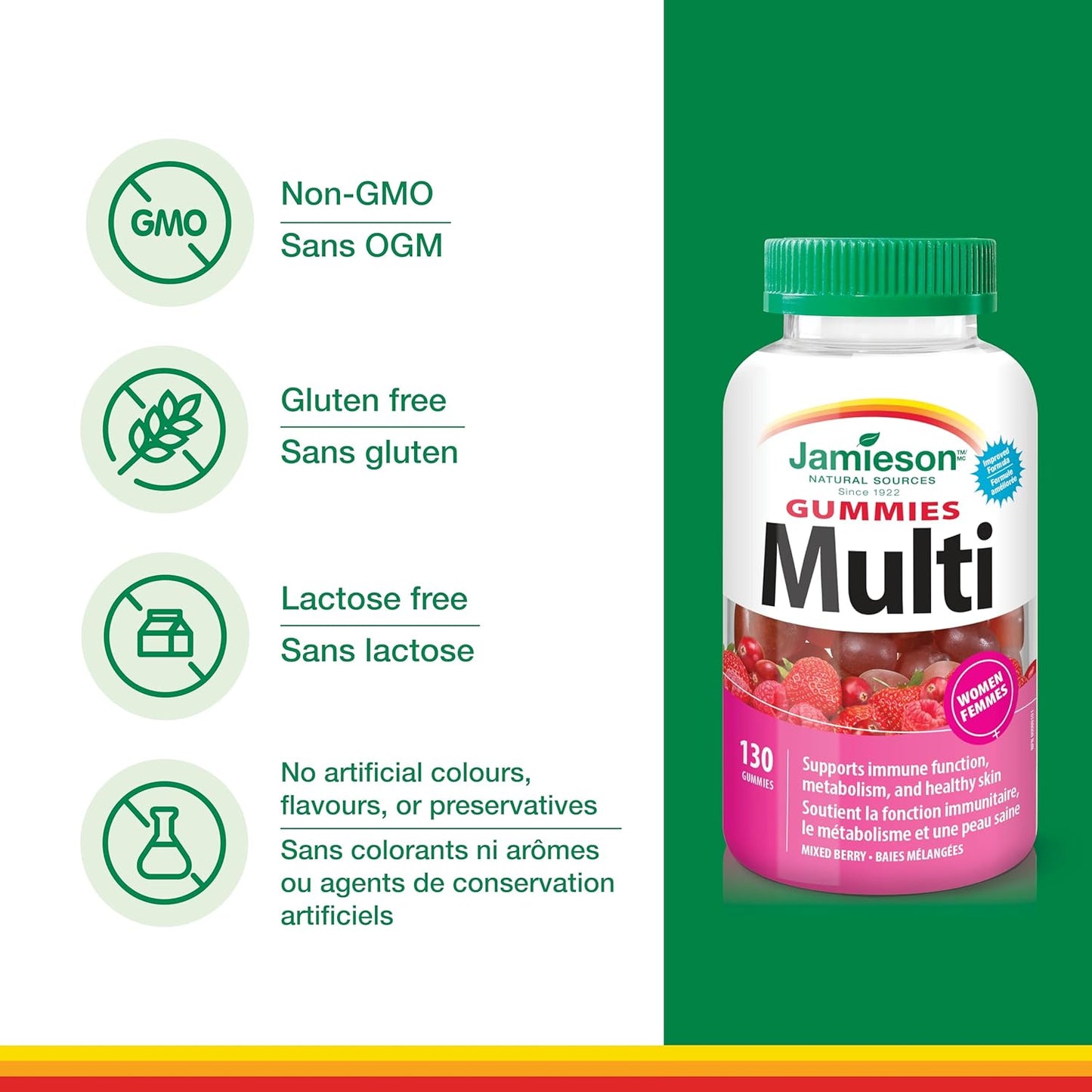 Jamieson 女士复合维生素软糖,混合莓果口味,有助于骨骼健康、免疫力、能量、头发、皮肤和指甲健康。添加生物素和维生素B12,素食,非转基因,不含麸质、人工色素、香精或防腐剂……