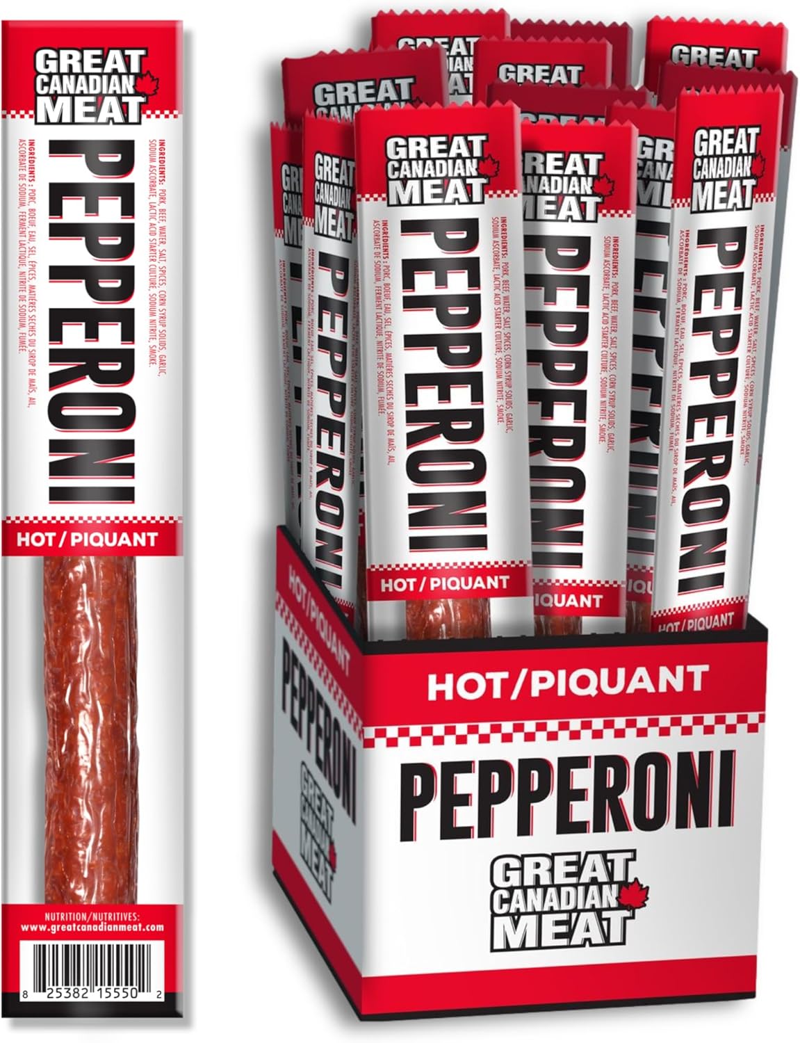 Hot Pepperoni Sticks Box, 18 x 22g Caddies by Great Canadian Meat, Meat Stick Snacks, Bulk Pepperoni Sticks Box for Carnivores. Perfect for Snacking, Gluten Free, High in Protein'