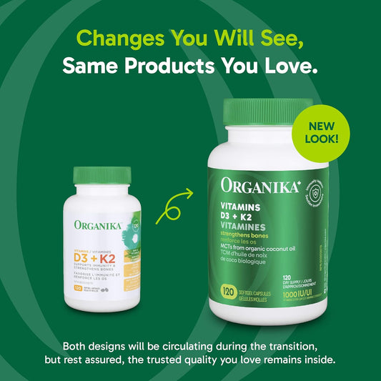 Organika 维生素 D3 + K2 (MK7) - 每粒胶囊含 1000IU D3 和 120mcg K2 - 高效,支持健康的免疫功能和骨骼 + 牙齿 - 120 粒胶囊
