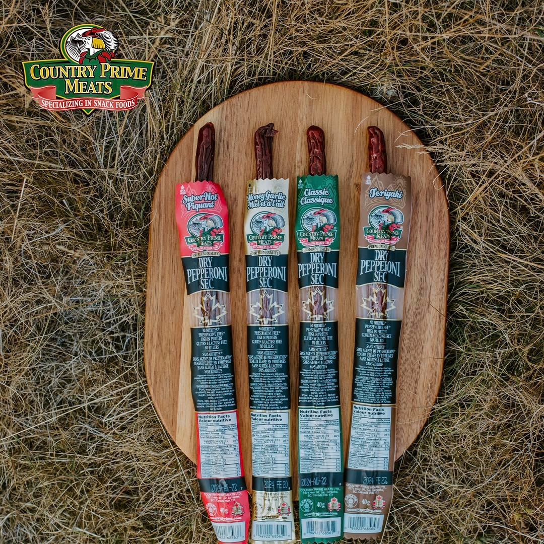 Country Prime Meats Teriyaki Dry Cured Pepperoni Sticks. 100% Canadian Made. High Protein Snack. No Nitrites, No Artificial Flavours, Naturally Smoked, Gluten Free. 40g (Pack of 25)