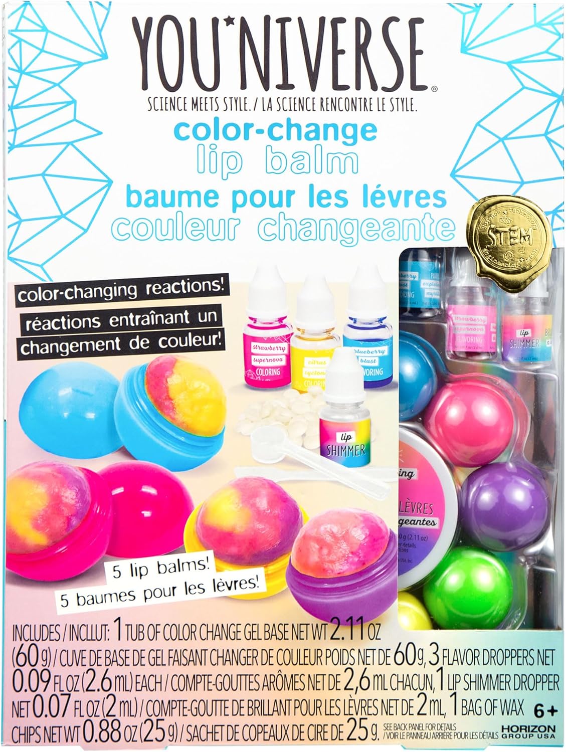 YOUniverse Color Change Lip Balm, Make 5 Lip Balms with 3 Fun Flavors, Make Your Lip Gloss Set for Teens, Fun DIY Makeup Kit, Great Gift Set for Kids Ages 6 and Up, STEAM Craft Kits