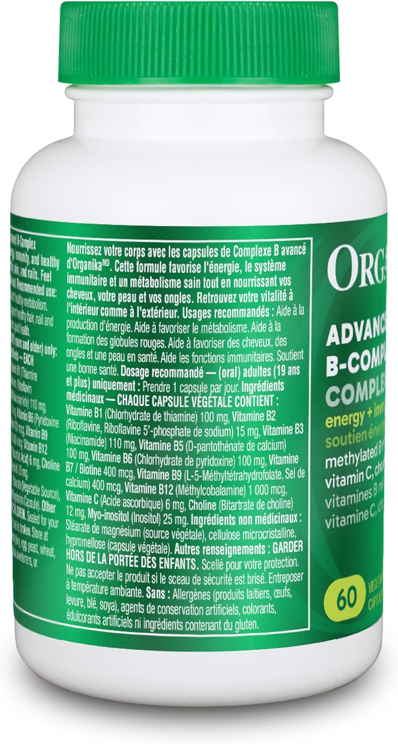 Organika 加拿大製造高級 B 群維生素 110 毫克 - 能量和免疫支持,甲基化 B 群維生素,增強吸收 - 60 粒膠囊