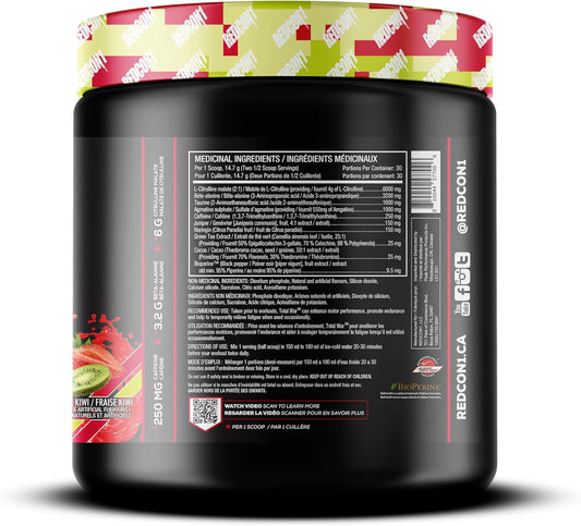 REDCON1 Total War 運動前粉,草莓奇異果 - β-丙氨酸 + 瓜氨酸蘋果酸,適合素食者和生酮飲食者,適合男性和女性,含 250 毫克咖啡因 - 速效 HMB(30 份)