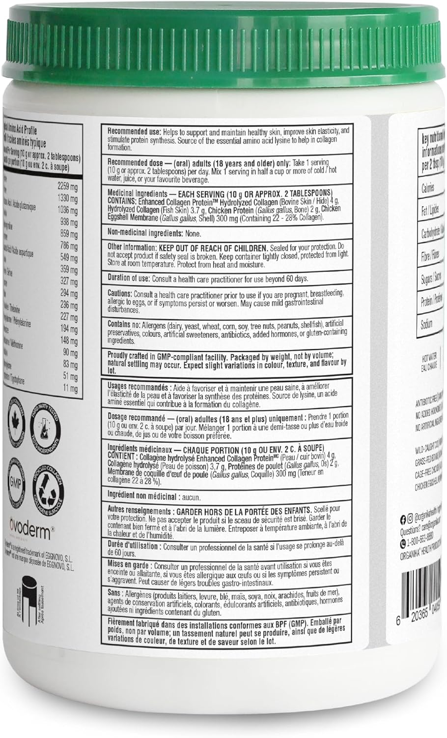 Organika Canadian-Made Full Spectrum Collagen - Type 1,2,3,5,10 - Complete Collagen Naturally Containing Hyaluronic Acid and Elastin for Healthier Hair, Skin and Joints Mild Chicken Broth Flavour 250g