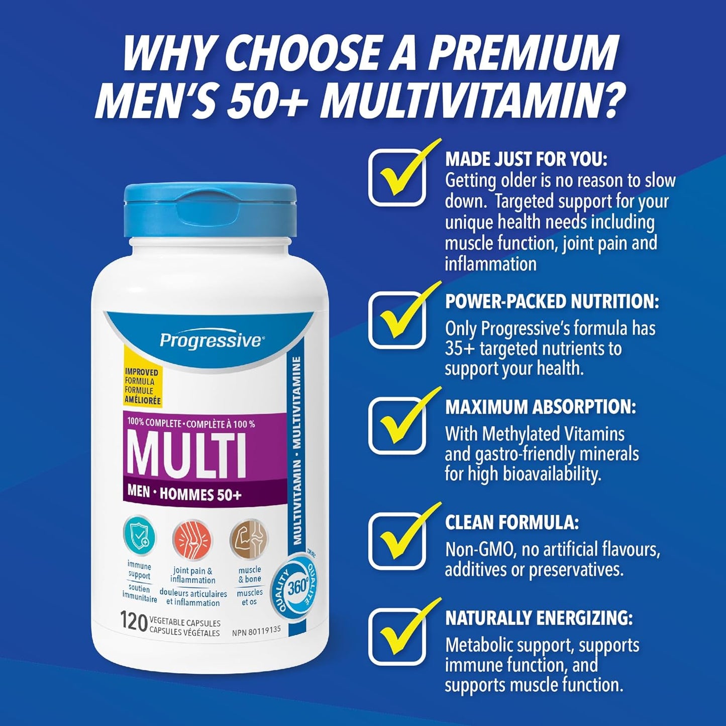 Progressive Advanced 複合維生素,適合 50 歲以上男性,含瑪卡、薑黃、假馬齒莧萃取物和輔酶 Q10。有助於增強免疫力、改善關節健康、促進心臟健康並緩解炎症,100% 完整配方,加拿大製造,120 粒裝