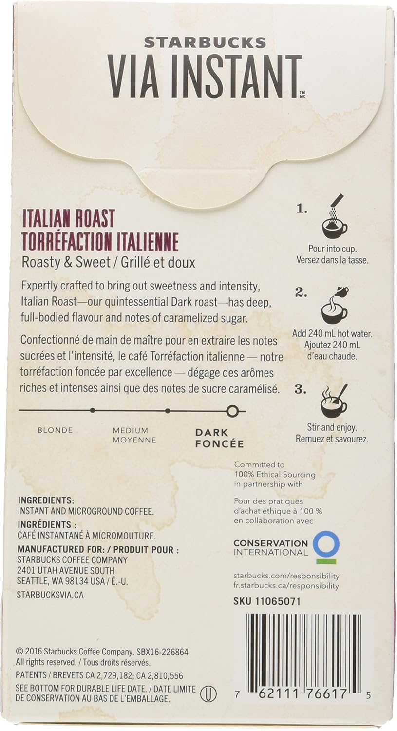 星巴克 Via 速溶意式深度烘焙咖啡,8 支装,中度烘焙优质速溶咖啡 90 克