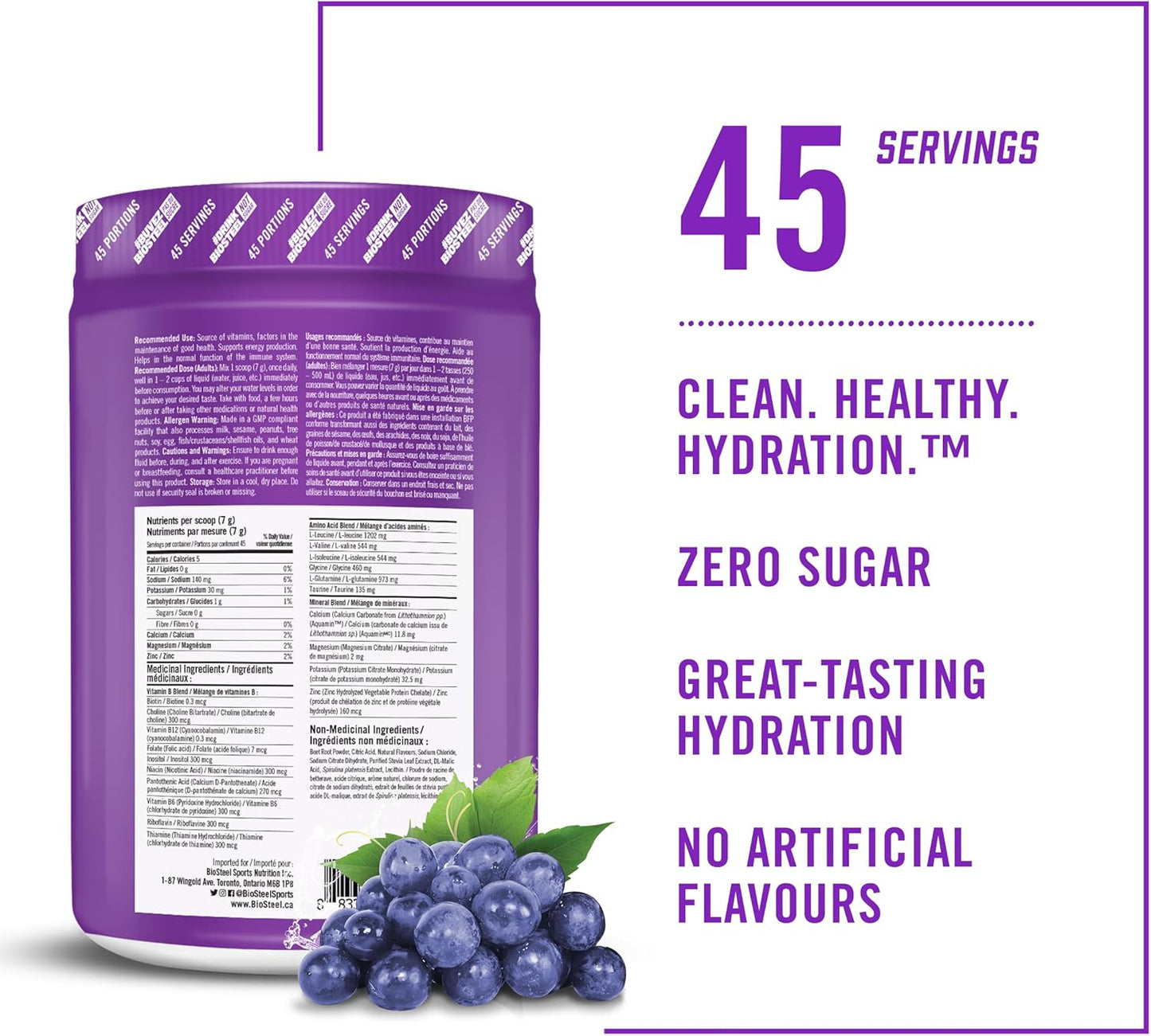 BioSteel 补水混合物,美味补水,零糖,不含人工香料或防腐剂,葡萄口味,每桶 45 份