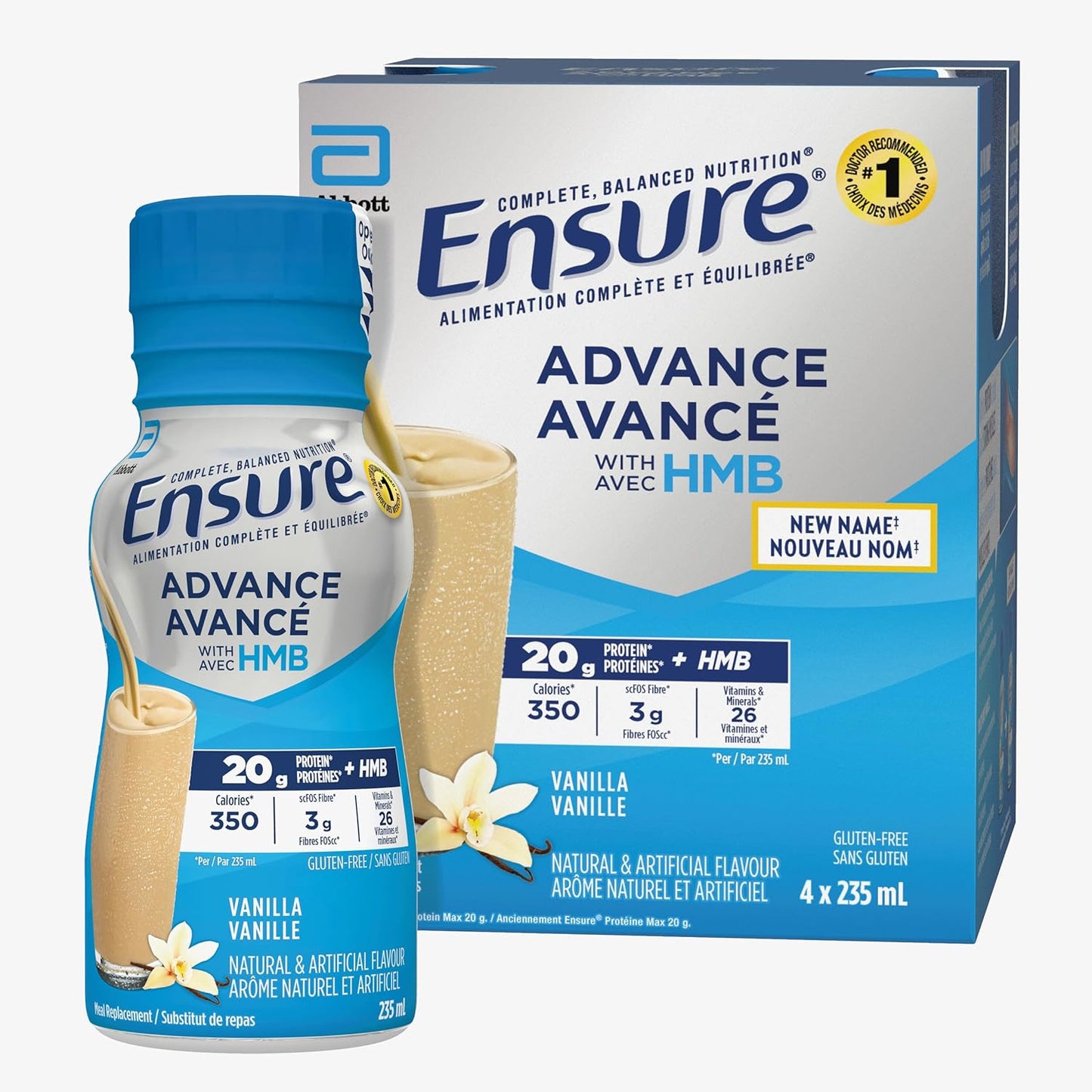 Ensure Advance,代餐奶昔,蛋白质奶昔,含 20 克蛋白质,有助于增强肌肉,香草味,4 x 235 毫升瓶装