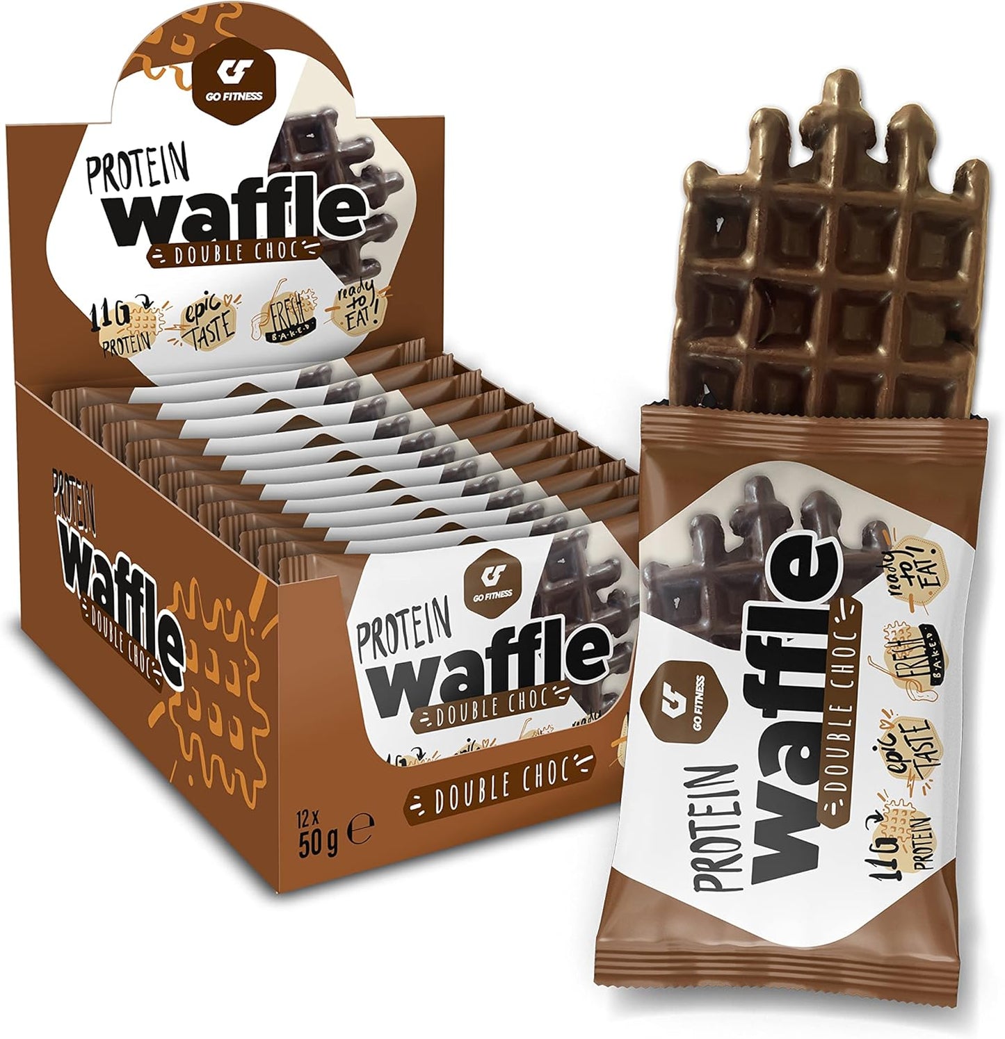 GoFitness Protein Waffle - Ready to Eat - Double Chocolate Flavour - 11g Protein - 12x50g (Pack of 12)