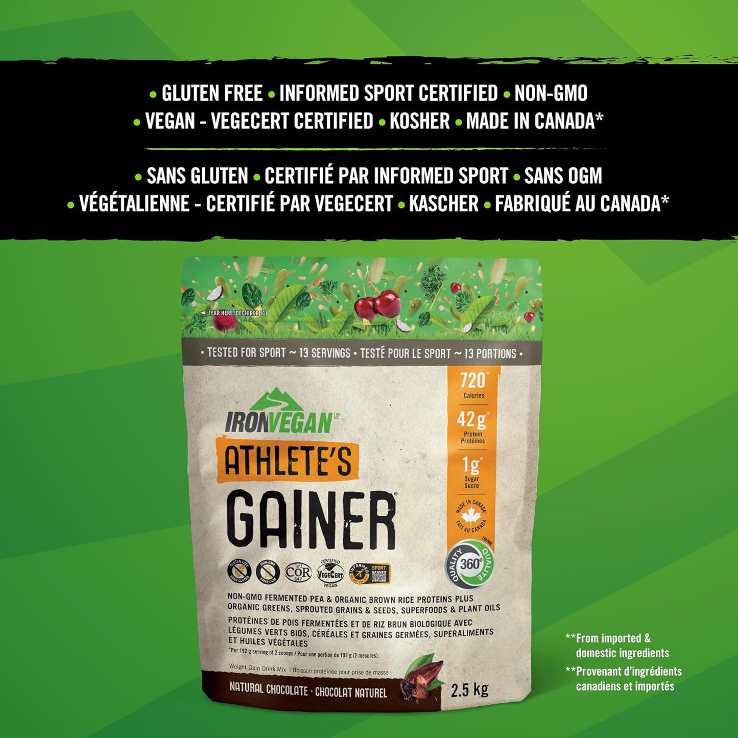 Athlete's Gainer Protein Powder, Natural Chocolate Flavour, 2.5 kg | Vegan and Non-GMO(Packaging May Vary) & Iron Vegan Sprouted Protein Bars | Double Chocolate Brownie Flavour | 12 Pack