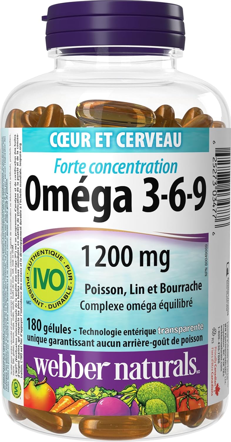 Webber Naturals Omega 3-6-9 1,200 毫克魚油,180 粒透明腸溶無魚腥味軟膠囊,支持心血管健康和大腦功能