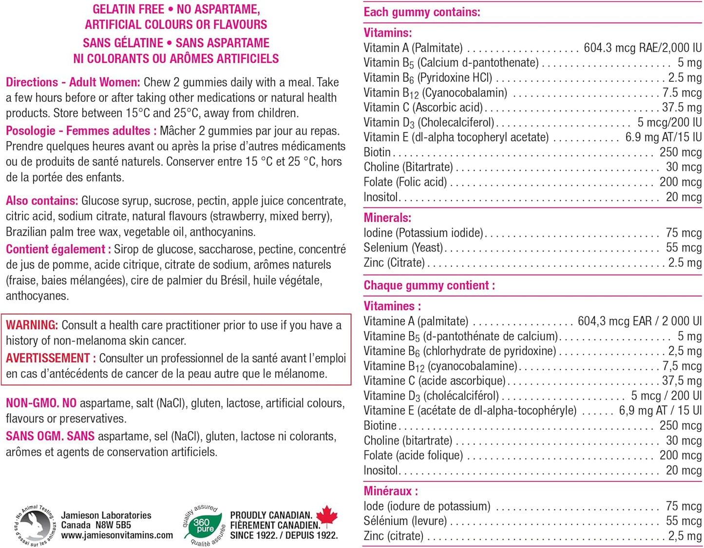 Jamieson 女士复合维生素软糖,混合莓果口味,有助于骨骼健康、免疫力、能量、头发、皮肤和指甲健康。添加生物素和维生素B12,素食,非转基因,不含麸质、人工色素、香精或防腐剂……