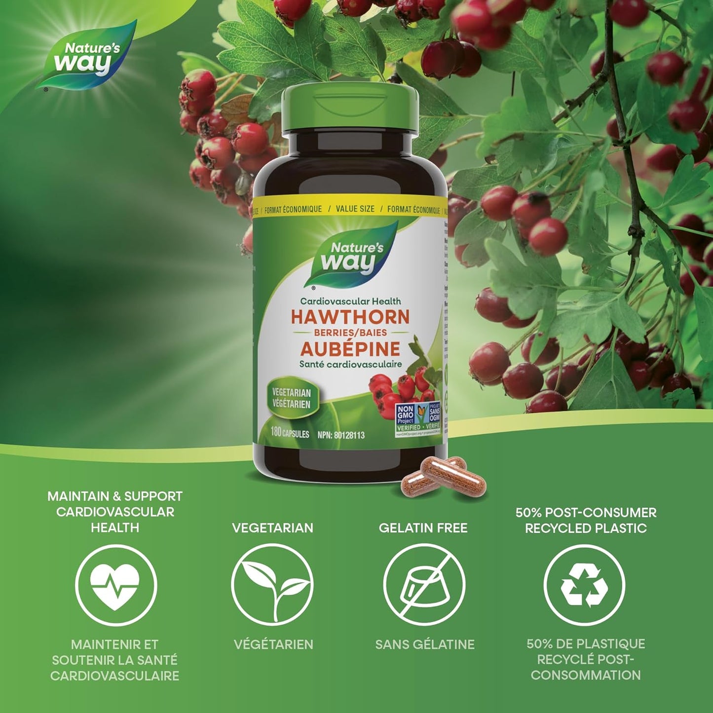 Nature's Way Hawthorn Berries – Cardiovascular Health Support – Heart Health - Premium Herbal Supplement - 180 Vegetarian Capsules, Value Size