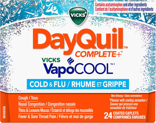 Vicks DayQuil COMPLETE Vicks VapoCOOL 感冒和流感药,不引起困倦,白天缓解多种症状,用于止咳、缓解鼻塞,24 粒胶囊