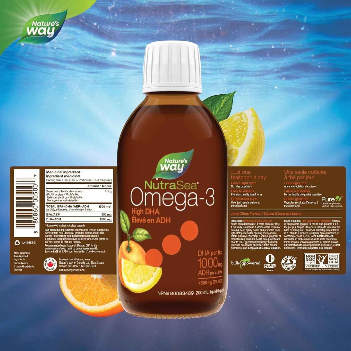 Nature's Way NutraSea Omega-3 高 DHA - 魚油 Omega-3,含 1500 毫克 EPA + DHA - 支持心血管和認知健康 - 非基因改造 - 多汁柑橘味,200 毫升液體