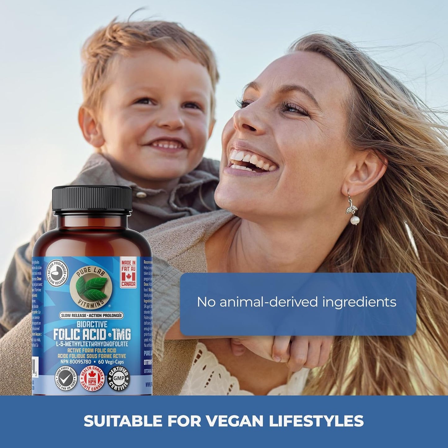 Pure Lab 维生素 | 缓释生物活性叶酸 1 毫克 | 60 粒胶囊 | 女性维生素 B9 叶酸补充剂 | 孕期叶酸 | L-5-MTHF 补充剂 | 免疫系统支持和心血管