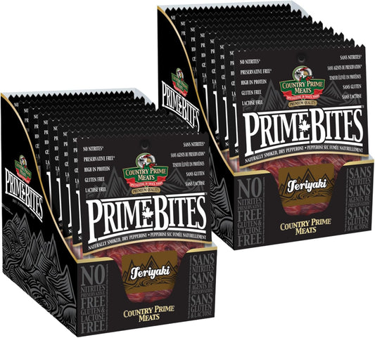 Country Prime Meats 照烧特级小块。干腌意大利辣香肠。100% 加拿大制造。高蛋白零食。无人工香料,天然烟熏,无亚硝酸盐,无麸质。125克(16包)